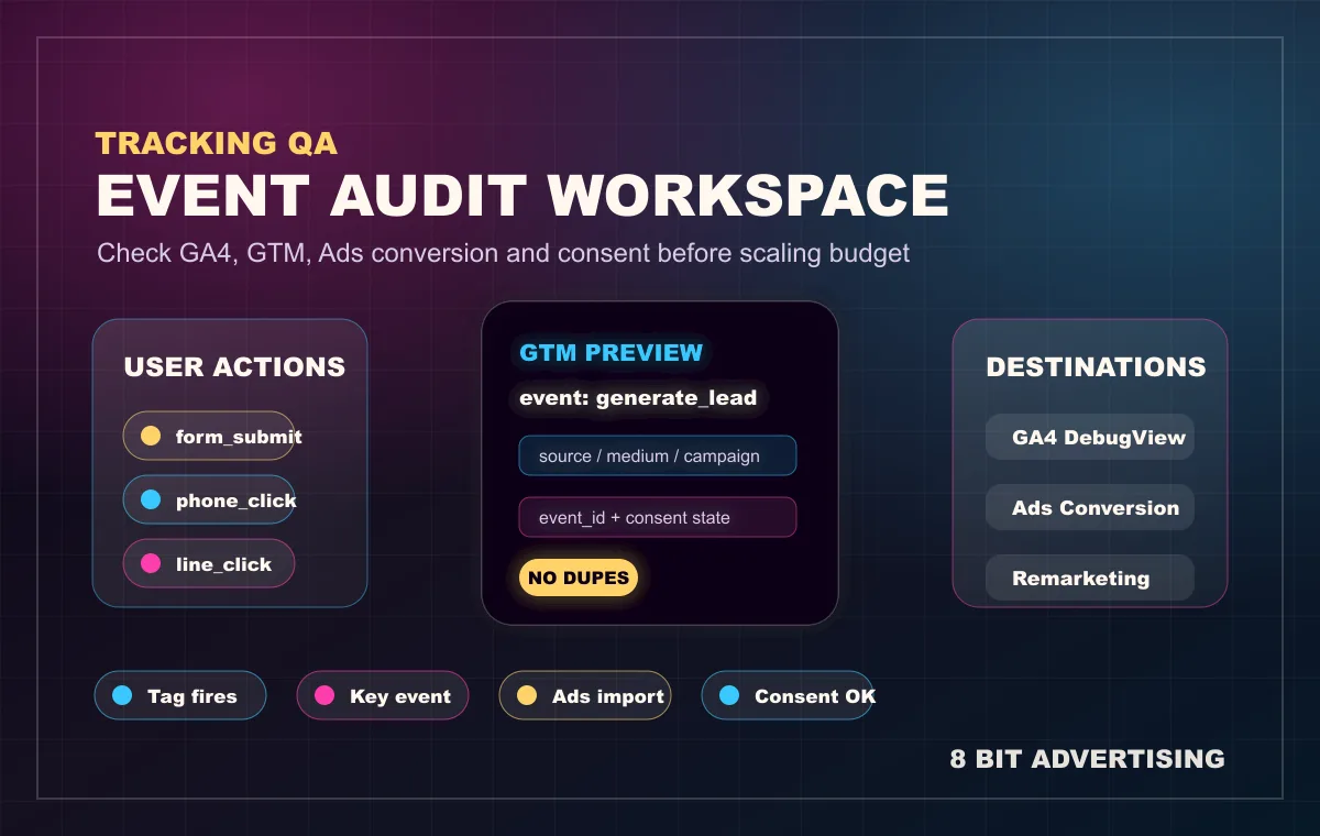 ภาพ dashboard ตรวจสอบ GA4 GTM และ Ads event สำหรับ tracking audit